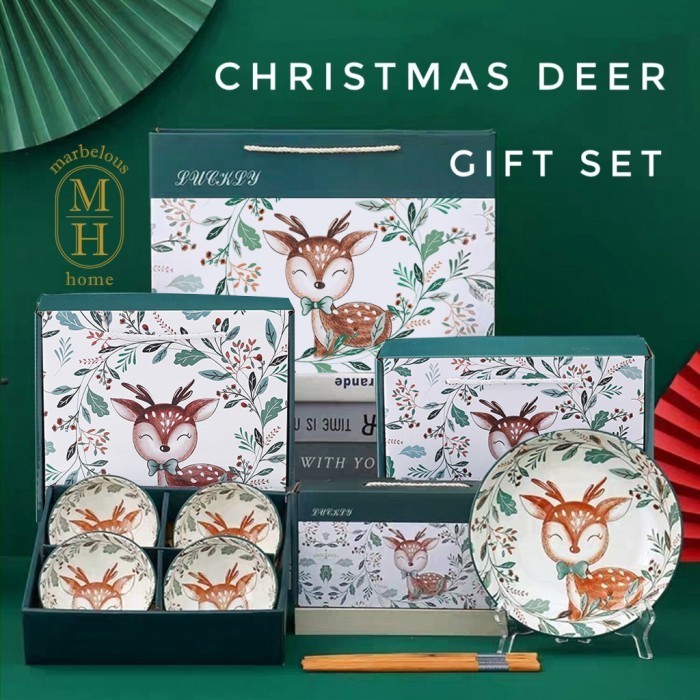 

Christmas Deer Gift Set Hampers Kado Natal Mangkuk Piring Keramik