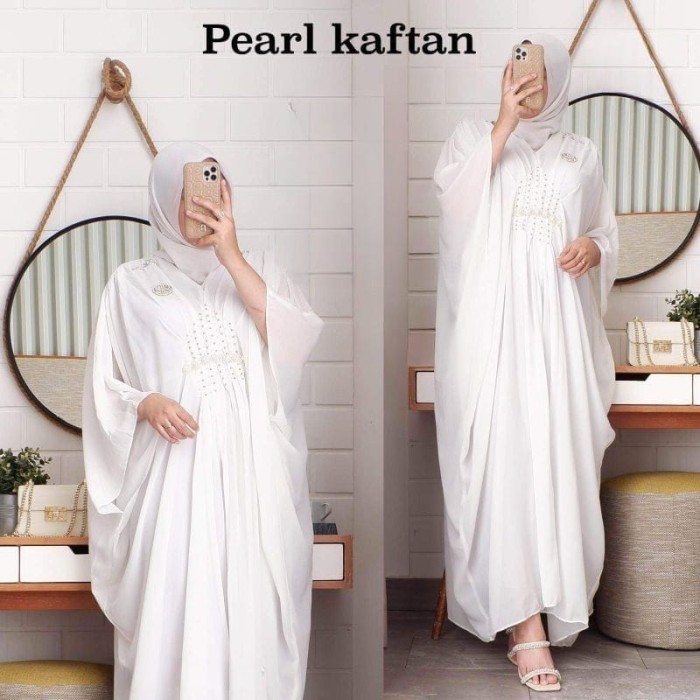 Promo Baju Kaftan Putih Wanita Gamis Pesta Mewah dan Elegan Pearl - pearl Mewah Murah Kekinian 2024 