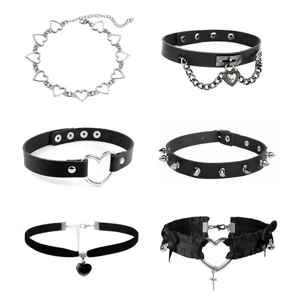 Kalung Kerah Gotik Wanita, Kalung Choker Punk Wanita Harajuku Hati Kulit Gothic, Kalung Perhiasan Ha