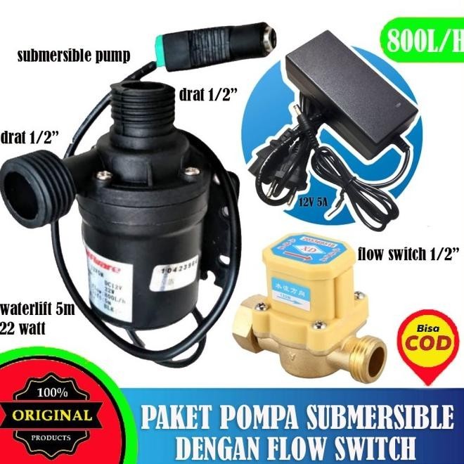Paket Pompa Air Dc 1000L/H Adaptor 5A Dengan Flow Switch