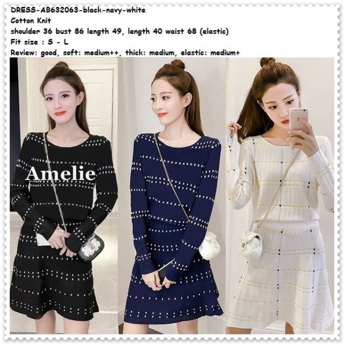 Mini Dress Rajut Knit Lengan Panjang Tunik Korea Import Hitam Putih