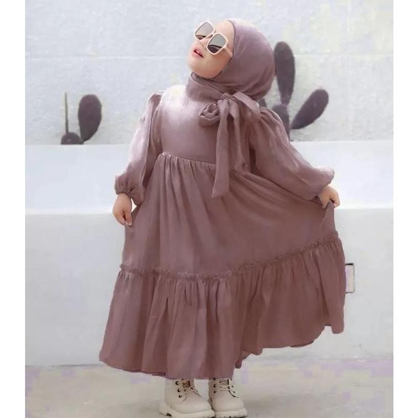 Arsyila Kids + Jilbab Baju Gamis Muslim Anak Usia dari 5-9 Tahun Dress Anak Perempuan Bahan Santorini Shimer Termurah COD Promo