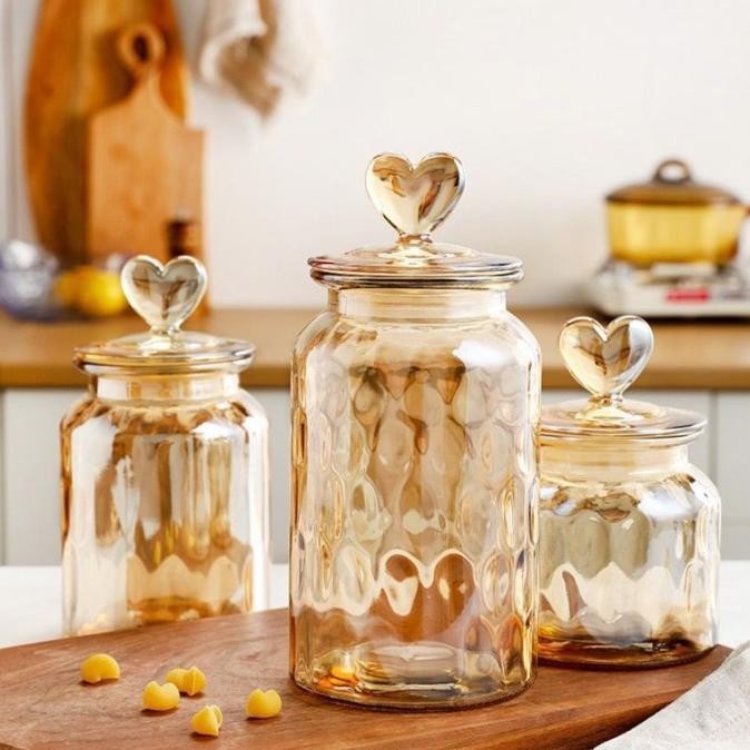 Glass Candy Jar Love Shaped Lid Cover - Toples Snack Permen Grains