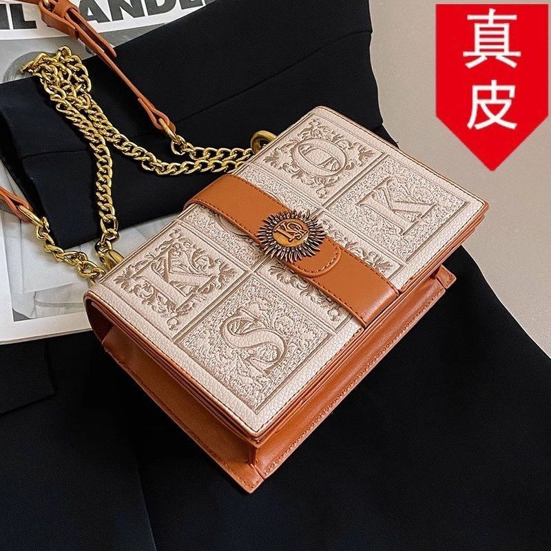 Tas Kecil Kulit Asli Wanita Garis Bordir Niche Baru Tas Persegi Kecil Modis Tas Messenger Rantai Ret