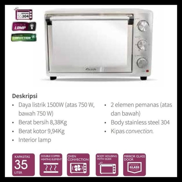 Kirin Oven Listrik 35 Liter Kbo 350Cl Kbo350 Kbo-350 Stainless Steel