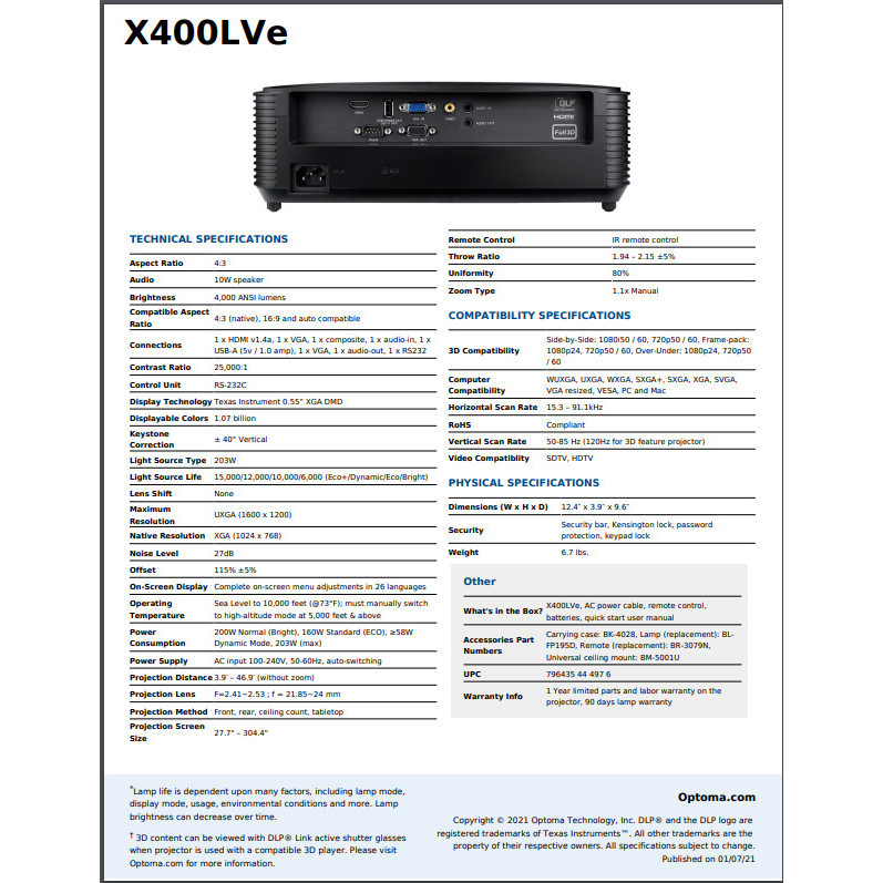 Projector Optoma X400Lve Dlp Xga 4000 Ansilumens
