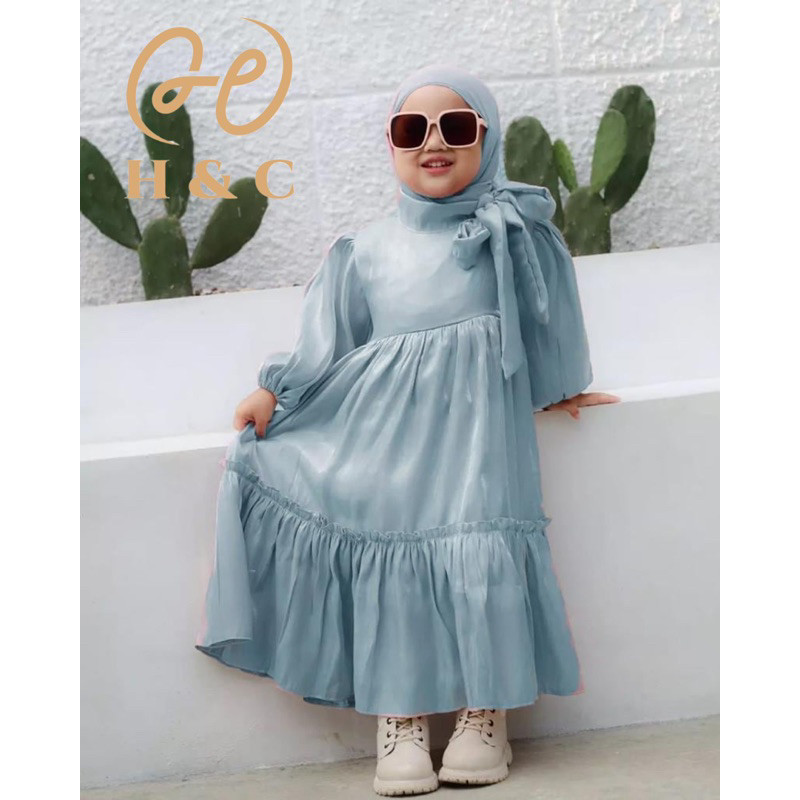 H &amp; C ~ Arsyila Kids Dress Santorini Shimmer Usia 5 ~ 10 Tahun Kerah Pita Kekinian Gamis Anak Usia 5