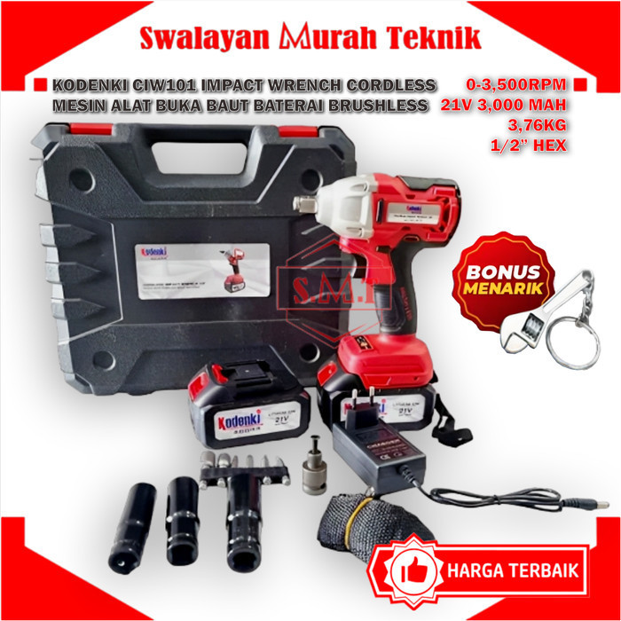 BEBAS ONGKIR - KODENKI IMPACT WRENCH CORDLESS MESIN ALAT BUKA BAUT BATERAI BRUSHLESS
