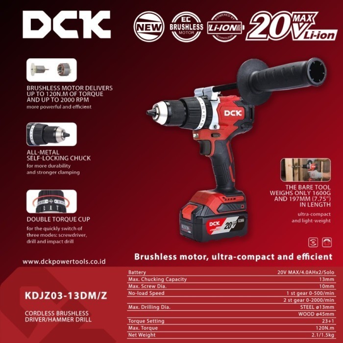 Dck Cordless Hammer Drill Kdjz03-13Z 20V Bor Impact Baterai Set 4 Ah