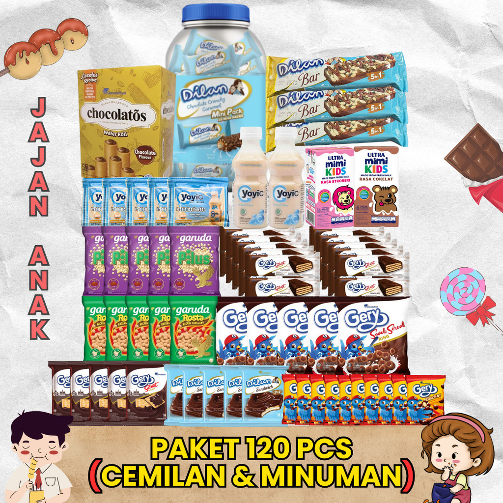 

PAKET 120 PCS (CEMILAN & MINUMAN) Jajanan Anak Murah 1 DUS FULL GRATIS ONGKIR