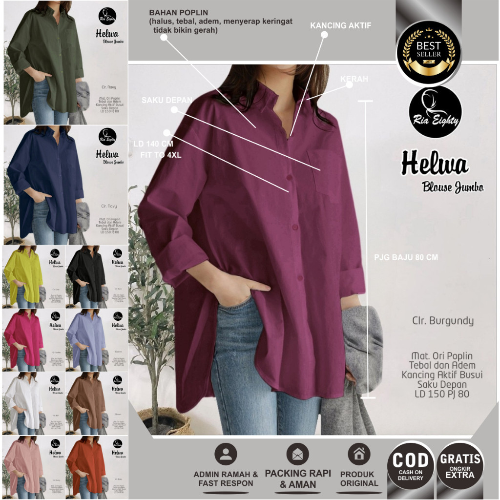 [BEST DEAL] [LANGSUNG KIRIM BISA COD] ATASAN BLUS KEMEJA HELWA WANITA JUMBO LD 150 CM COCOK UNTUK BB