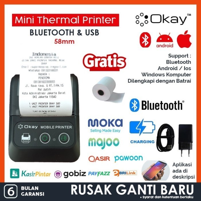 Printer Thermal Bluetooth Pos Kasir / Ppob Mini 58Mm Thermal Ok-58B
