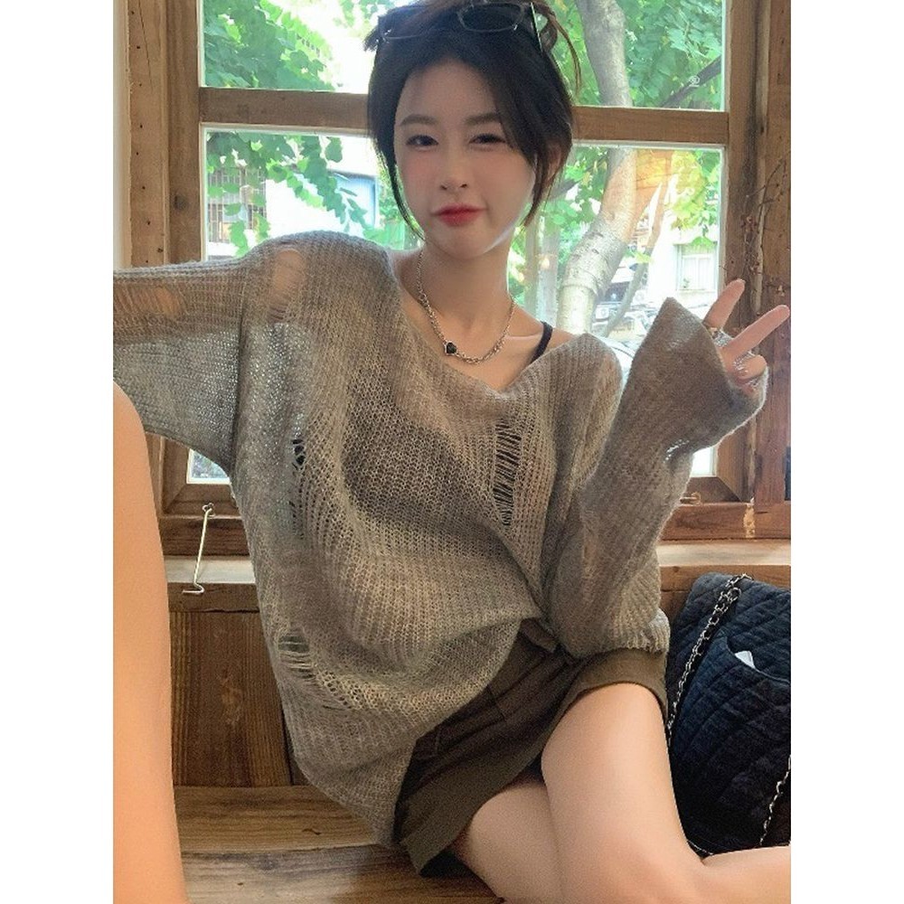 Musim semi berongga rajutan rajutan kemeja tabir surya model tipis wanita mengambil di luar kemeja A