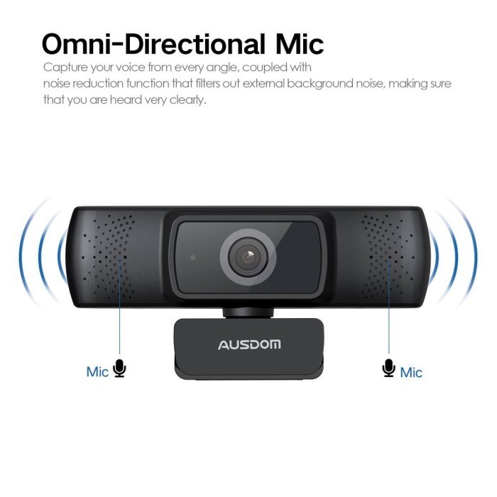Ausdom Webcam 1080P Auto Focus W/ Noise Cancelling Microphone - Af640