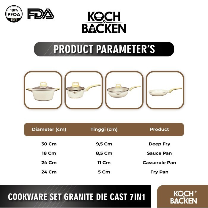 Koch&Backen Cookware Set Granite Diecast-Panci Wajan Anti Lengket 7In1