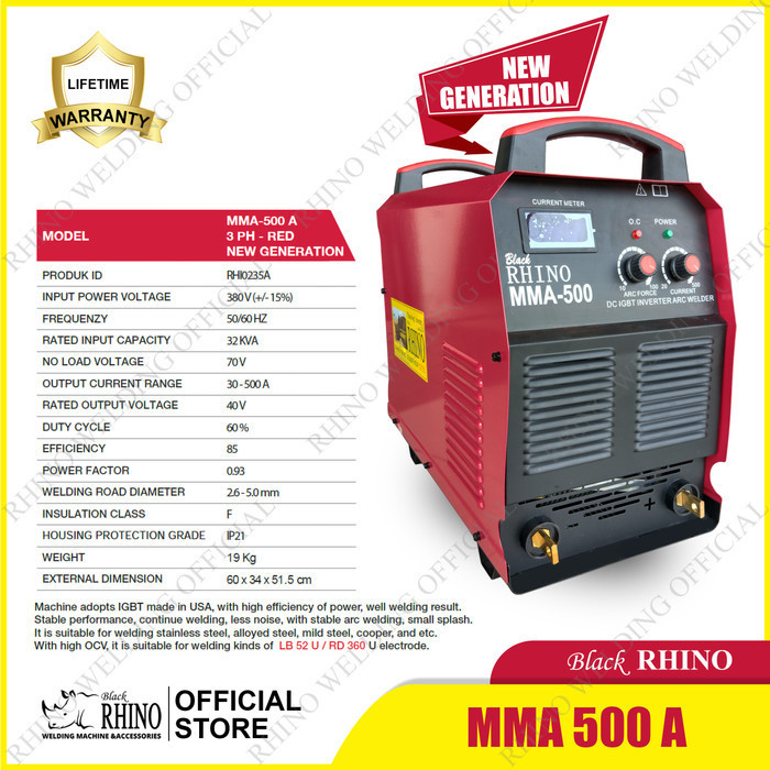 Mesin Las Black Rhino Mma 500 A Igbt 3Phase New Gen