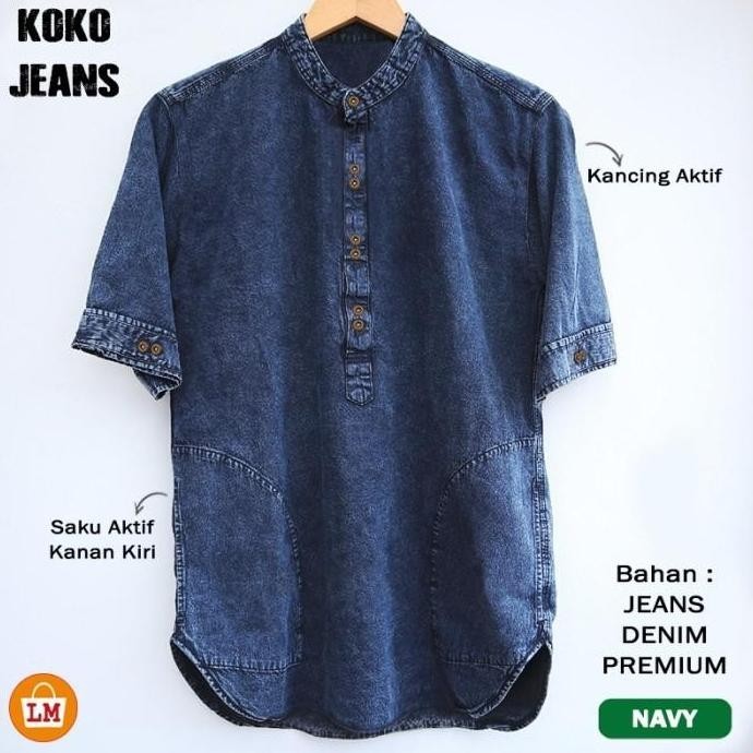 Promo Baju Pria Muslim Koko Jeans Lengan Pendek Bahan Denim M-Xxl / Poneshop