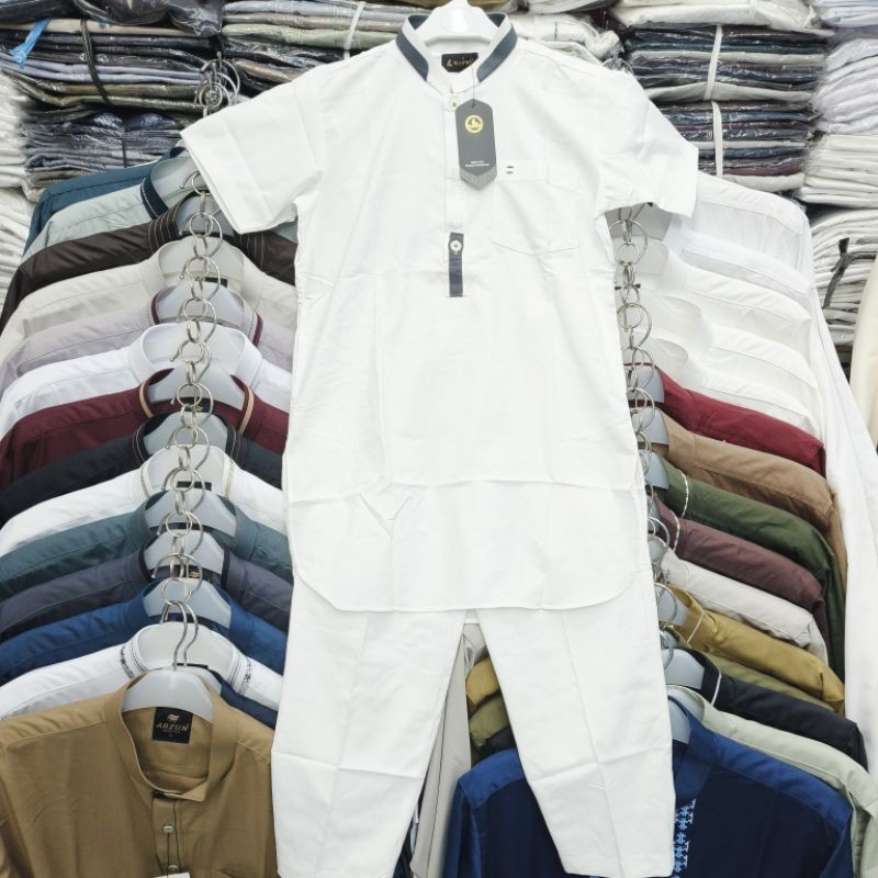 Stelan Pakistan Anak / Stelan Kurta Anak Al-Luthfi  Putih BW Lengan Pendek, Bahan Katun