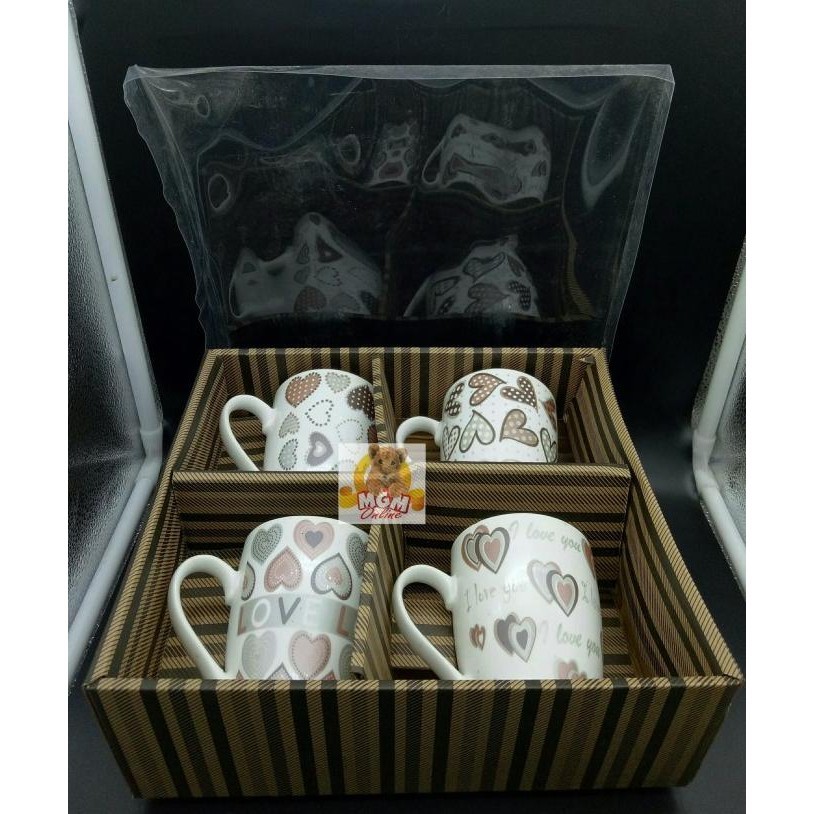 Mug Keramik Motif SET 4 - Mug Kopi - Mug Love - Mug Kembang - Mug Unik rickostore