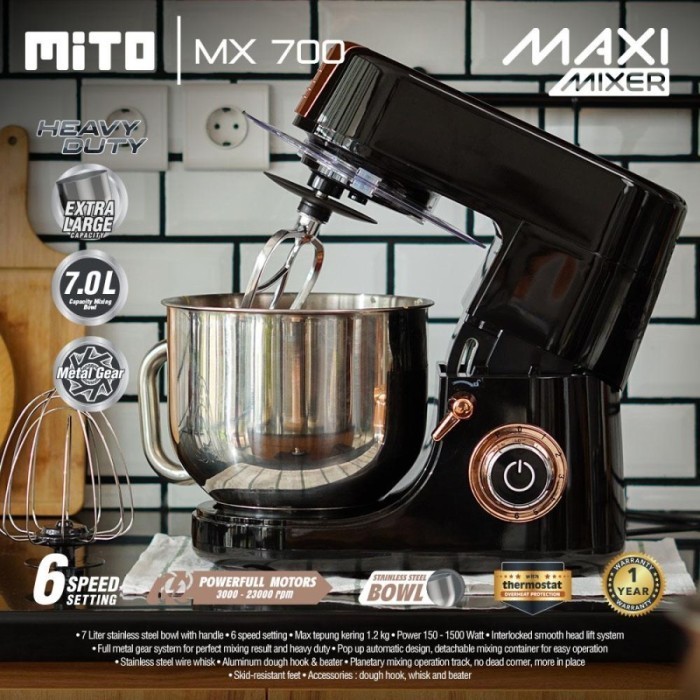 Stand Mixer Mito Mx-700 Stainless Bowl Kapasitas Besar 7 Liter