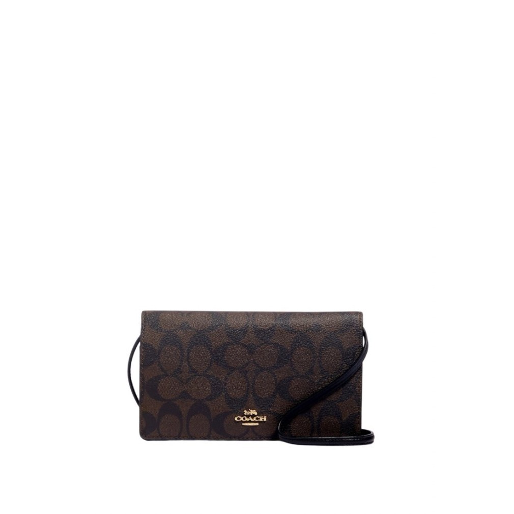 Coach Anna Foldover Clutch Crossbody In Signature Canvas Brown Black