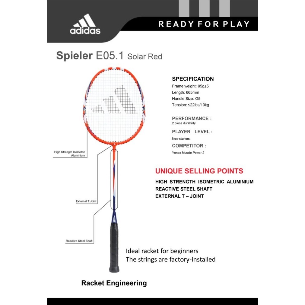 Raket Bulutangkis Badminton Adidas Spieler E05.1 Solar Red T Joint