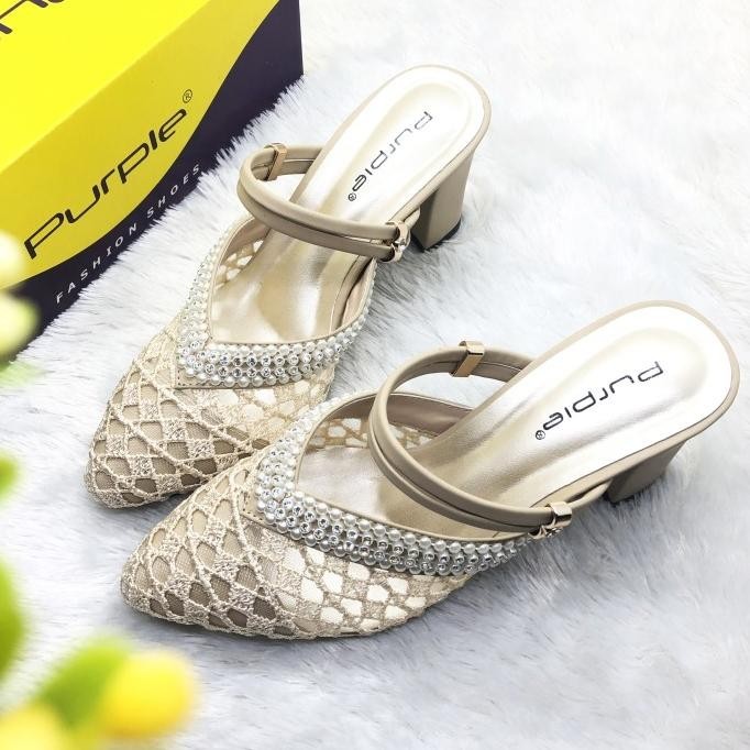 Sandal High Heels Pesta Wanita Brokat Purple Shoes Original