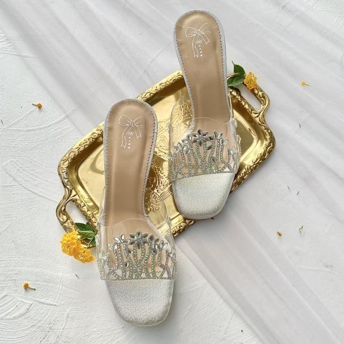 Silver Selop Sandal Sepatu Pesta Wanita Block Heels 7.5Cm Aveda Ke3352
