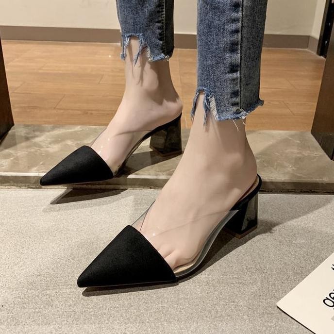 Sepatu Heels Suede Wanita Polos Bludru Semi Transparan Tapak Tahu 7Cm