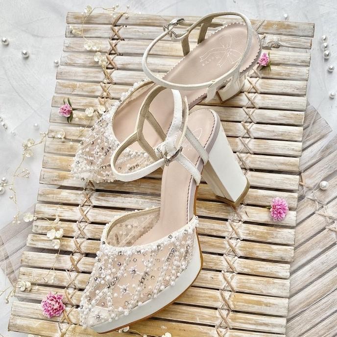 Ivory White Sandal Sepatu Wedding Wanita Block Heel Aveda 6485 Custom