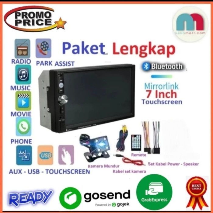 PAKET LENGKAP TAPE MOBIL DOUBLE DIN 7 INCH KAMERA MUNDUR REMOTE SETIR