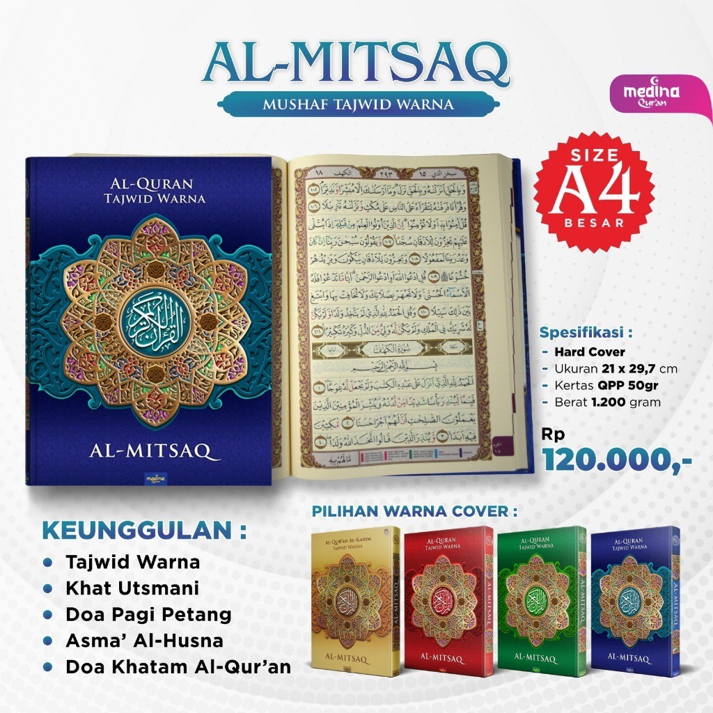 Alqur'an Al-Mitsaq A4 Besar Hard Cover Mushaf Non Terjemah Tajwid Warna Alquran Non Terjemah Tulisan