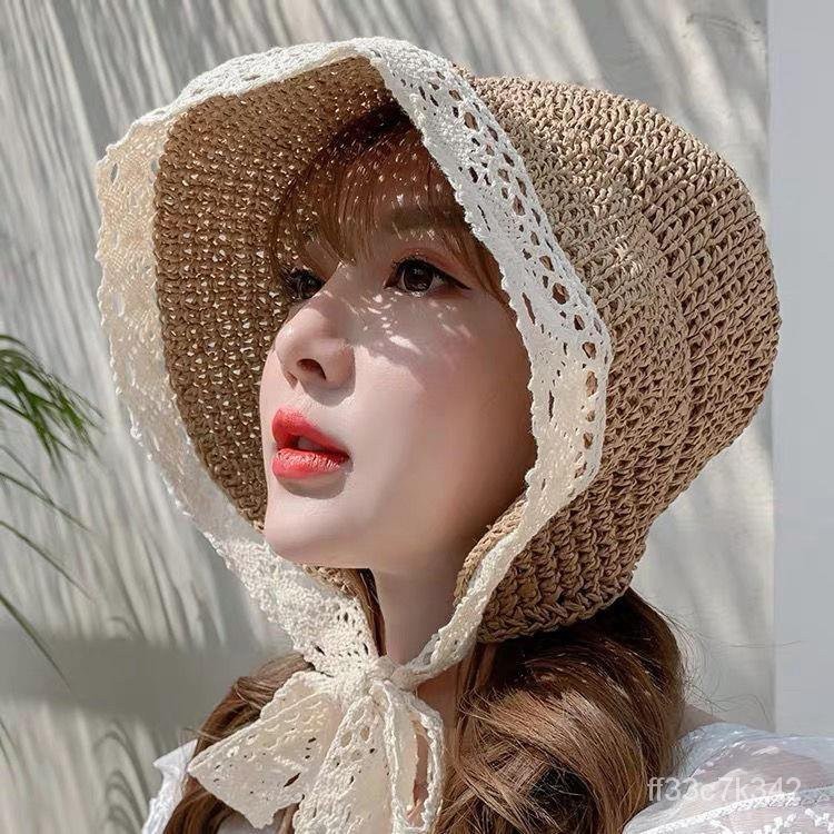 Lace Fresh Women's Summer Shade Netting Red Vacation Hat Sun-Proof Lace-up Straw Hat Seaside Travel 