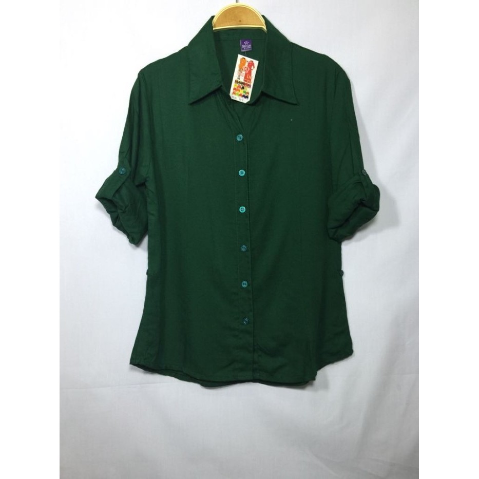 PROMO Kemeja Atasan Wanita Katun Rayon Adem dan Tidak Ciut Warna Hijau Botol Silahkan diorder