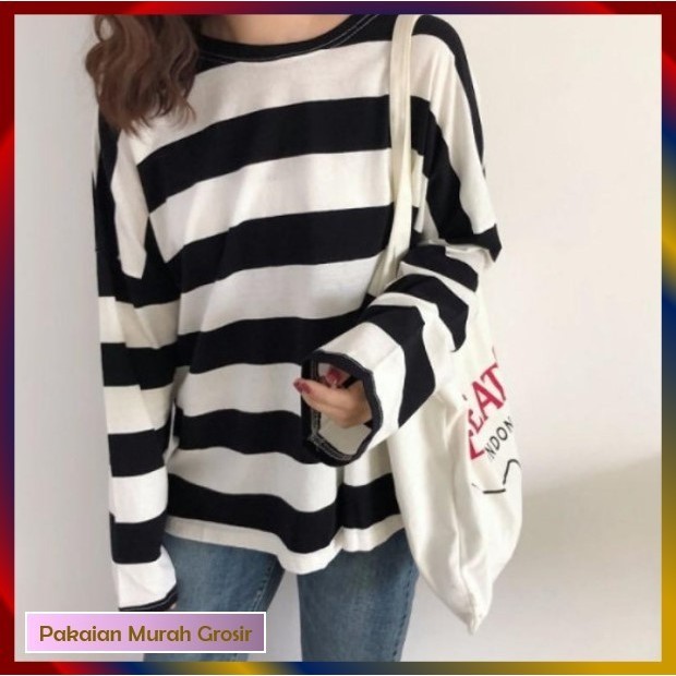 MURAH Kaos Lengan Panjang Wanita Motif Belang BLASTER Ukuran JUMBO XL SPANDE Silahkan diorder