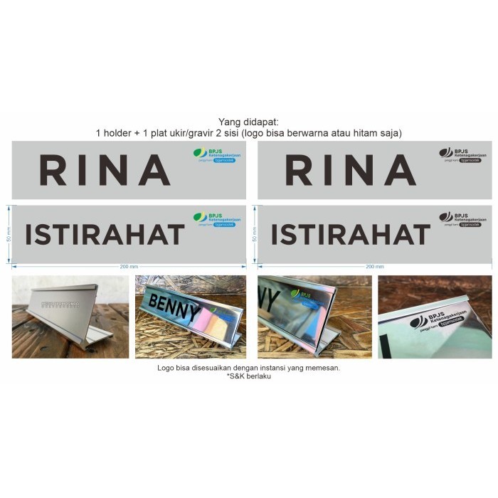 

BARANG TERLARIS Nama Meja/Name Desk Stainless 1 Plat 2 Sisi Berholder Aluminium 20x5cm