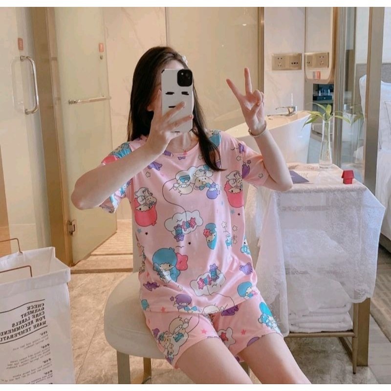 Baju Tidur Wanita Piyama Lengan Pendek 1 Set (Atasan & Bawahan)