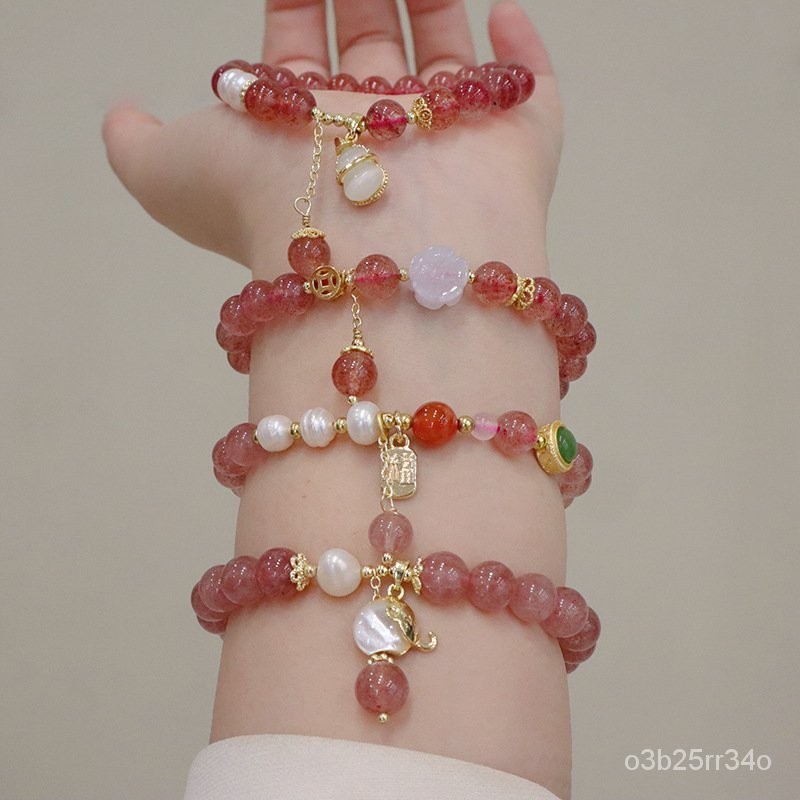 Baru 2024Gelang Kristal Stroberi Alami Bunga Labu Gajah Desain Gaya Tiongkok Baru Gelang Selebriti O
