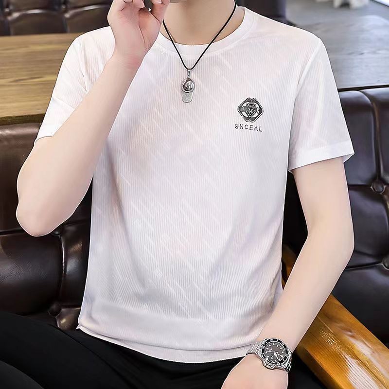 New Ice Silk Quick-Drying Thin round Neck JacquardTShirt Top