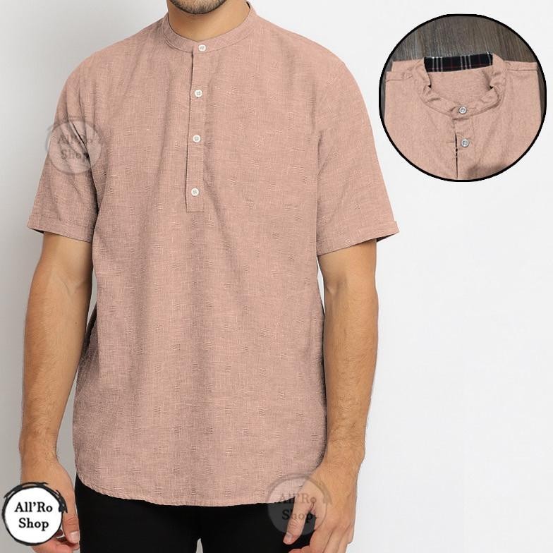 OIU Baju Koko Pria Lengan Pendek Atasan Koko Muslim Baju Koko Lebaran Bahan Katun Madinah Lis BURBER