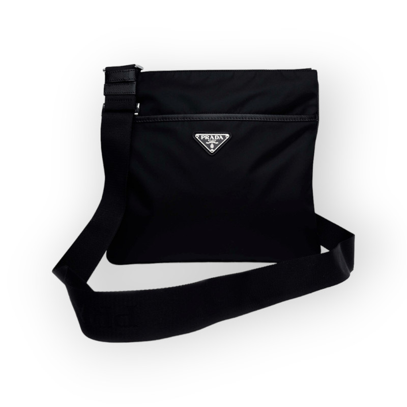 PRADA Triangle Logo Slim Messenger Bag in Black Re-Nylon x Saffiano Leather