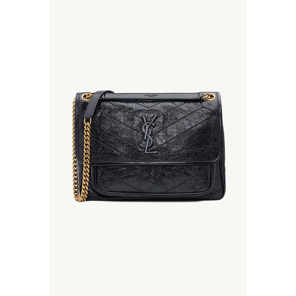 YVES SAINT LAURENT Medium Monog Niki Shoulder Bag in Black Vintage Crinkled Leather with Bronze-Tone