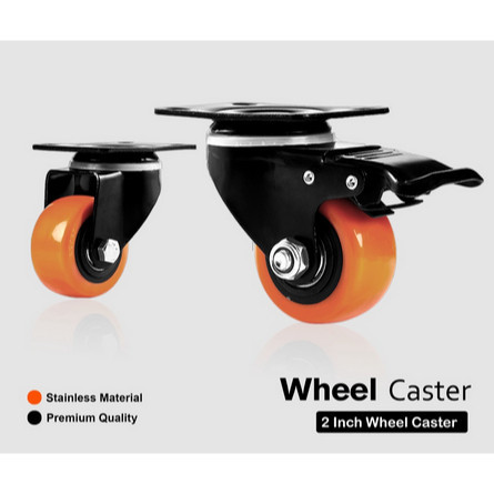 Fukuda Roda Kastor 2 Inch Orange Tebal Plus Rem / Castor Swifel Plate Etalase Troli Per Set