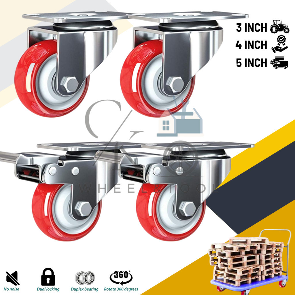 Roda Caster Pu Merah Untuk Troly Dengan Bearing Hidup Rem 3 4 5 Inch Heavy Duty Set 4 Pc