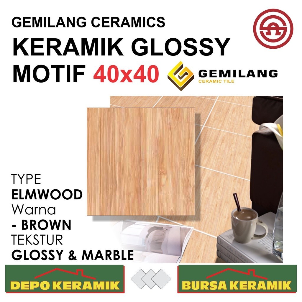 Keramik Motif Kayu 40x40 ELMWOOD BROWN -GEMILANG- Glossy&Marble