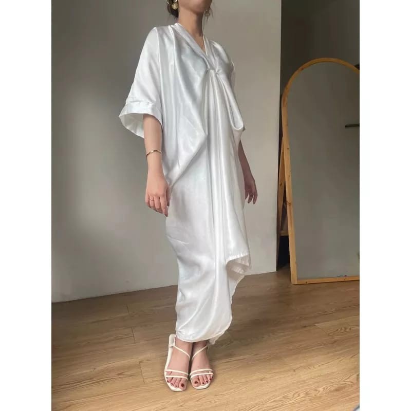 Grosir Kaftan Midi Dress Big Size Model Terbaru Baju Lebaran Gaun Natal Hari Raya Motif Batik Satin 