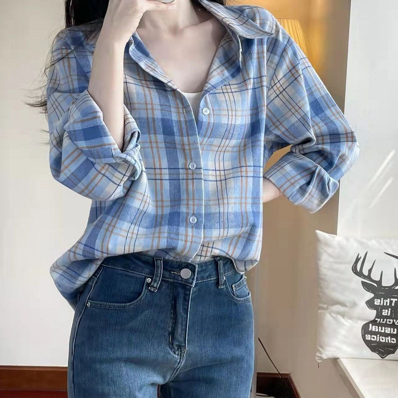 Kemeja Kotak-kotak Biru Wanita Lengan Panjang Baru Longgar Atasan Luaran Temperamen Baju Luar