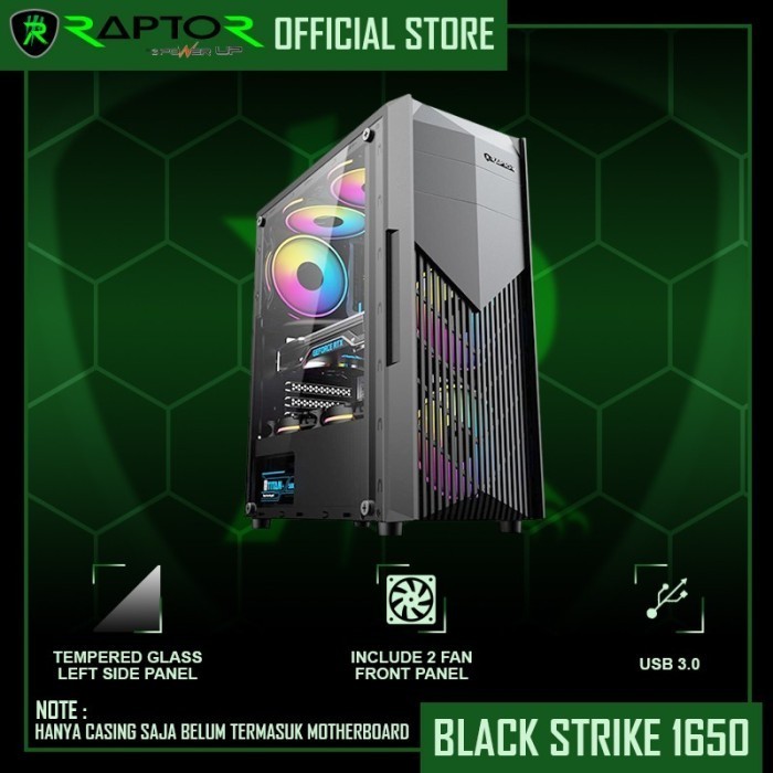 Casing Gaming Raptor Black Strike 1650 - Tempered Glass - Free 2 Fan
