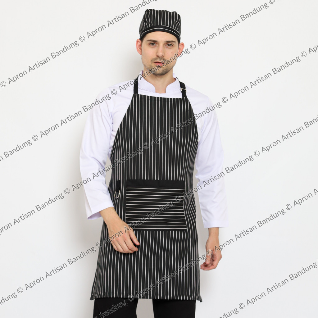 Celemek Masak Apron Full Tali Silang Loreng Hitam Putih Ukuran All Size Untuk Koki Chef Waiters Pela