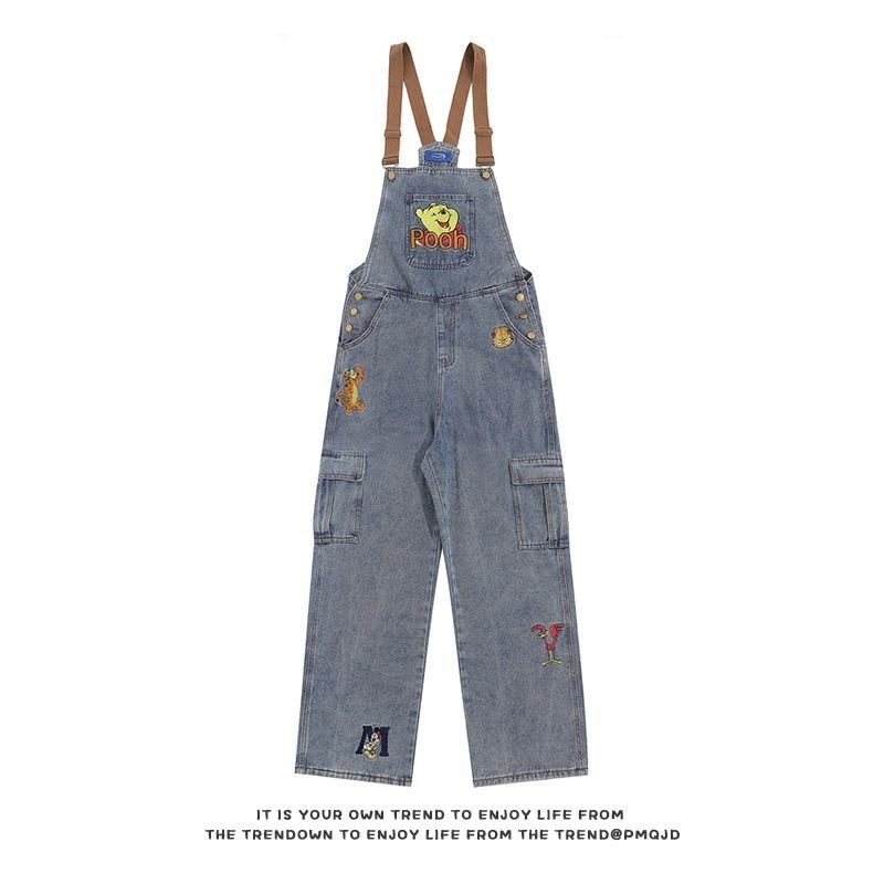 Pooh Bear Embroidered Denim Suspender Pants Japanese-Style Retro Preppy Style Couple Trousers Intern